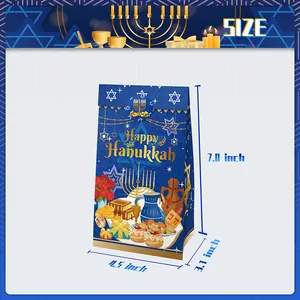 Happy Hanukkah gift bags with Menorah and gold foil text, 7x4.5x3.1 inch size guide