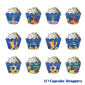 Hanukkah cupcake wrappers with golden menorah and Star of David patterns in a 12-piece set