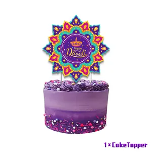 Detailed view of 1pcs Happy Diwali mandala cake topper on purple gradient cake decoration