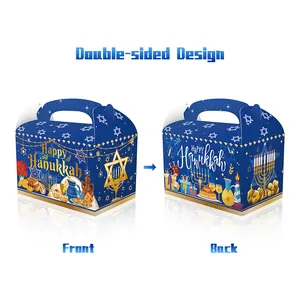 Double-sided Hanukkah gift boxes with Menorah and Star of David patterns and handles