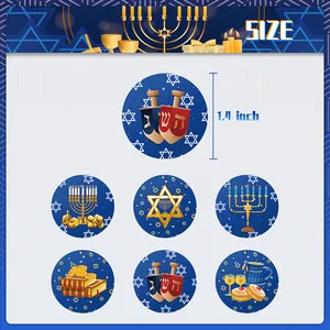 Hanukkah stickers set with menorah and star designs, 1.4 inch round festive labels