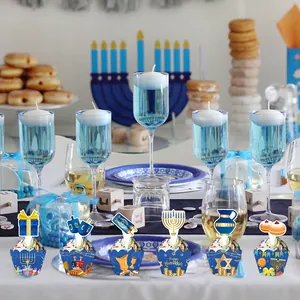 Blue and gold Hanukkah cupcake wrappers and toppers set with Menorah and Dreidel designs