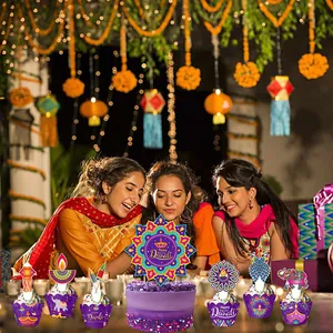 Diwali cake topper set with purple mandala wrappers featuring women celebrating at a party