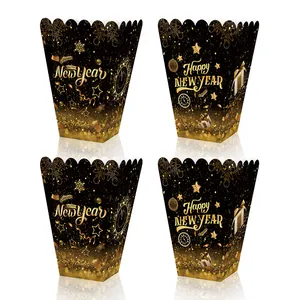 Happy New Year Popcorn Boxes Black Gold Disposable Paper Candy Treat Boxes For New Year's Eve Party Decorations Serveware