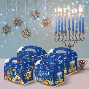 Hanukkah gift boxes featuring Happy Hanukkah text with menorah and star of David icons
