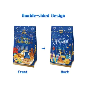 Deep blue Hanukkah paper gift bags with Menorah and Star of David double-sided design