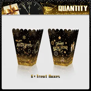 Set of 6 Happy New Year black and gold treat boxes for festive party snack supplies