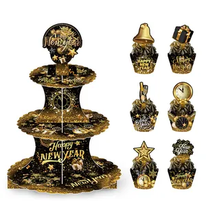 Black Gold Happy New Year Tiered Paper Cake Stand Cupcake Toppers Wrappers For New Year Eve Party Decoration Dessert Table Supplies