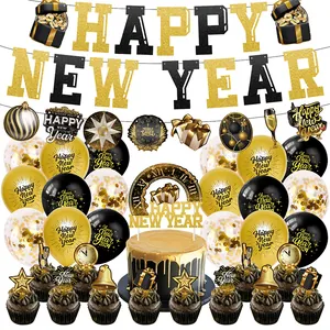Happy New Year 2024 Decorations Black Gold Glitter Banner Garland Cake Topper Balloons For Eve Party Festive Supplies