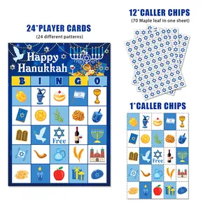 Set gioco Bingo di Hanukkah con 24 carte giocatore e marcatori a stella color oro blu
