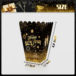 Black and gold Happy New Year treat boxes with size dimensions 4.9 x 2.3 x 1.7 inches