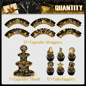 New Year black and gold cupcake stand set with wrappers and toppers for party decor