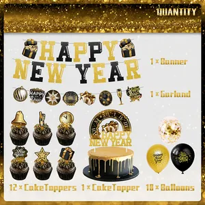 Macro display of black and gold 2024 New Year party decoration kit with banners and balloons