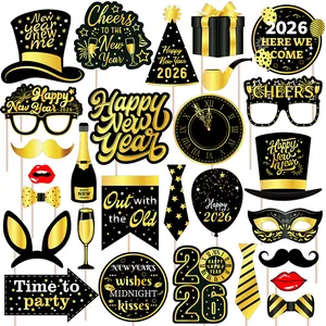 2026 Happy New Year Party Photo Booth Props Black Gold Paper Handheld Sticks For New Year Eve Celebration Supplies