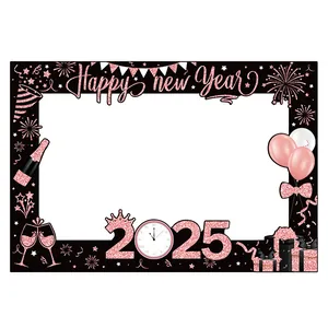 2025 Happy New Year Photo Booth Frame Prop Rose Gold Glitter Paper Party Decoration For New Years Eve Celebration Decor