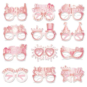 Lunettes de Fête en Papier Bonne Année 2026 Or Rose Paillettes Accessoires de Cabine Photo pour Décorations de Célébration