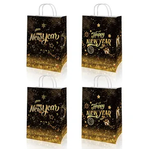 Happy New Year Kraft Paper Gift Bags With Handles Black Gold Festive Party Favor Bags For Holiday Celebration Gift Wrap
