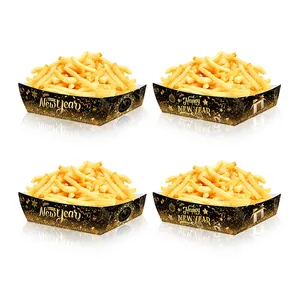 Happy New Year Party Food Trays Black Gold Snack Boxes Paper Treat Containers For Holiday Celebration Disposable Tableware