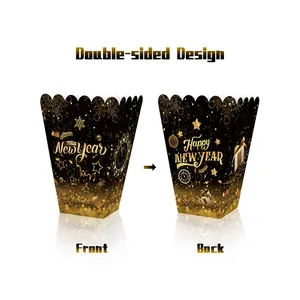 Double-sided Happy New Year black and gold paper popcorn boxes for holiday party supplies