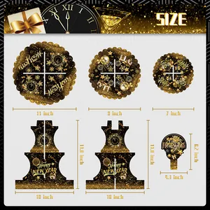 Black and gold Happy New Year honeycomb centerpiece set with clock and firework designs