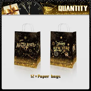 Set of 12 Happy New Year gift bags in black and gold kraft paper with white handles