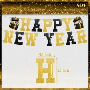 Black and gold Happy New Year 2024 glitter banner set for festive party decoration