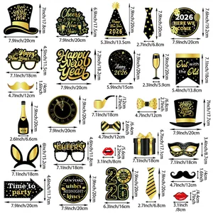 25Pcs Black and Gold 2026 Happy New Year Photo Booth Props Set for Festive Party Decor