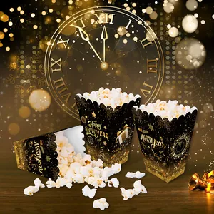 Black and gold Happy New Year popcorn boxes with stars and clock patterns for parties