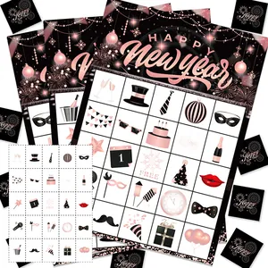 Happy New Year Bingo Game Player Cards Marking Cards Reference Page Paper Material Rose Gold Black White Party Supplies