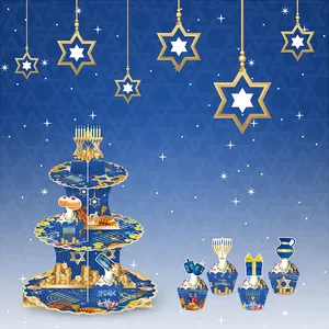 Hanukkah party 3-tier cupcake stand with Menorah and Star of David blue decorations