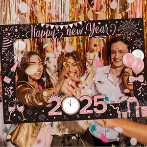 2025 Happy New Year photo booth frame in rose gold and black for party celebrations