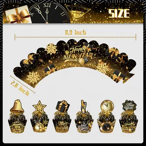Black and gold Happy New Year cupcake wrappers and toppers set with size measurements