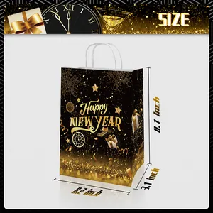Elegant Happy New Year gift bag in black and gold with dimensions 8.1x6.2x3.1 inches