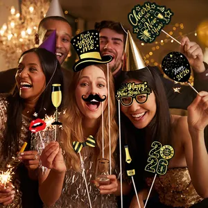 2026 Happy New Year photo booth props in elegant black and gold for festive party decor