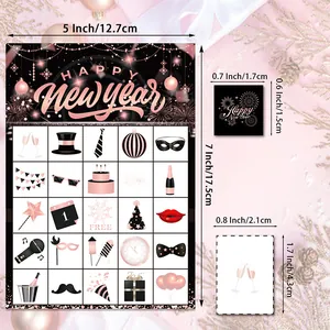 Happy New Year Bingo game cards set in rose gold and black for holiday party decor