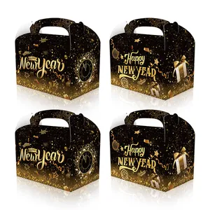 Happy New Year Portable Paper Gift Box Black Gold Foil Candy Snack Treat Box For Party Celebration Festive Supplies