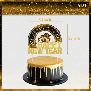 Black and gold Happy New Year cake topper with glitter finish for party decoration