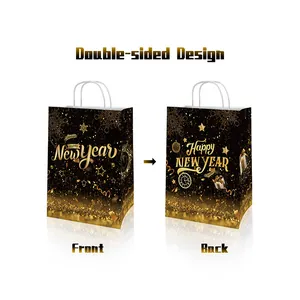 Double-sided Happy New Year black and gold gift paper bag with festive patterns and handles