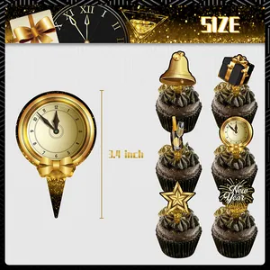 Black and gold New Year cupcake toppers set featuring clock, stars and glitter decor