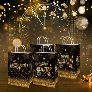 Set of 4 black and gold Happy New Year paper gift bags with glitter snowflake patterns