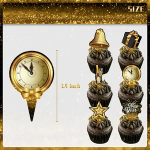 New Year cupcake toppers in black and gold glitter featuring clock and bell designs