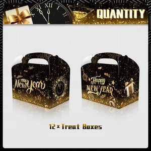 Set of 12 black and gold Happy New Year gift boxes with festive clock and star patterns