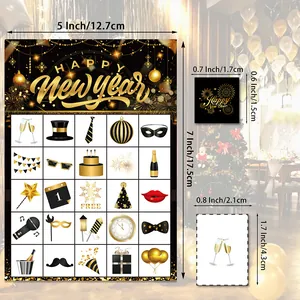 Σετ κάρτες bingo Happy New Year σε μαύρο και χρυσό με εορταστικά εικονίδια και διαστάσεις