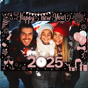 Black and rose gold 2025 New Year photo booth frame with festive fireworks for parties