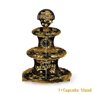 Three-tier New Year black gold cupcake stand with Happy New Year topper and fireworks print