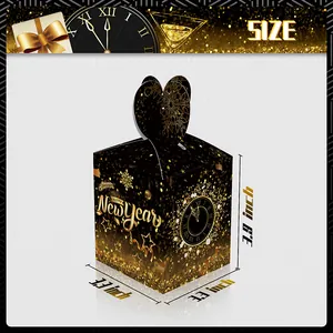 Μαύρο και χρυσό κουτί δώρου Happy New Year με σχέδιο ρολόι και καρδιά λαβή 3,3x3,9"