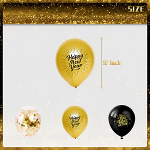 Detailed view of 12-inch black, gold, and confetti New Year latex balloons for 2024 party