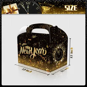 Black and gold Happy New Year candy gift box with handle, 5.9 x 3.5 x 3.5 inches size