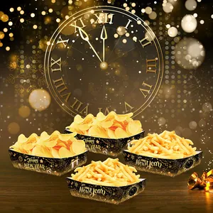 Set of 4 black and gold Happy New Year snack trays with festive party clock background