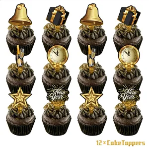 Detailed set of 12 black and gold Happy New Year cake toppers on chocolate cupcakes